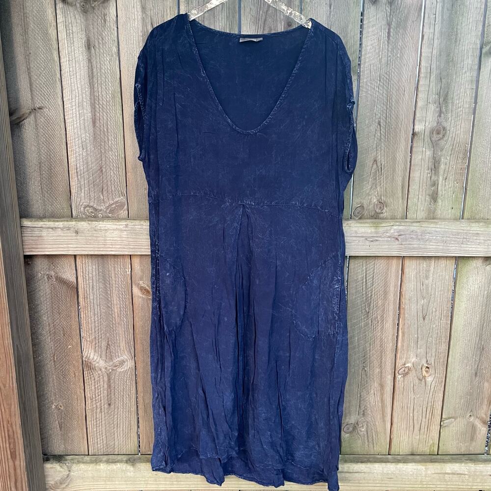 The Odells Dress Blue V Neck‎ Shift Box Pleat Pockets Cap Sleeve Midi Size XL